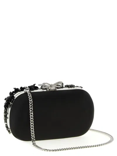 Self-portrait 'black Satin Floral Crystal' Clutch In Black