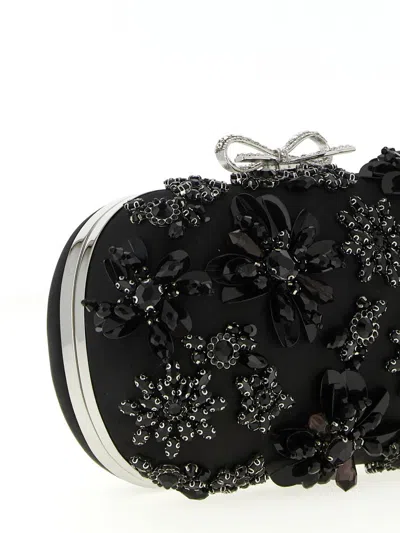Self-portrait 'black Satin Floral Crystal' Clutch In Black