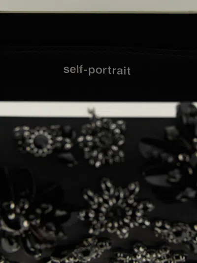 Self-portrait 'black Satin Floral Crystal' Clutch In Black