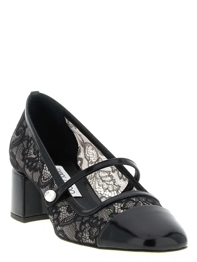 Jimmy Choo Elisa Pumps Block Heel Lace Overlay Pearls In Black