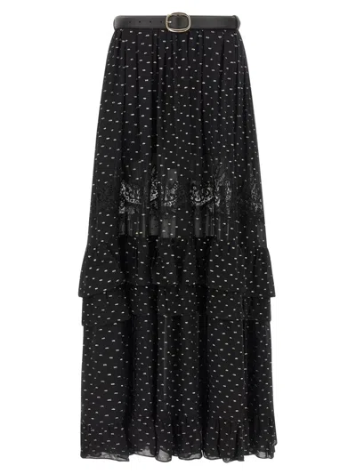 Self-portrait Black And Gold Chiffon Lace Maxi Skirts Black In Black