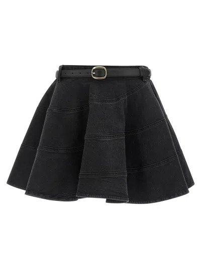 Self-portrait Black Flared Denim Mini Skirts Black In Black