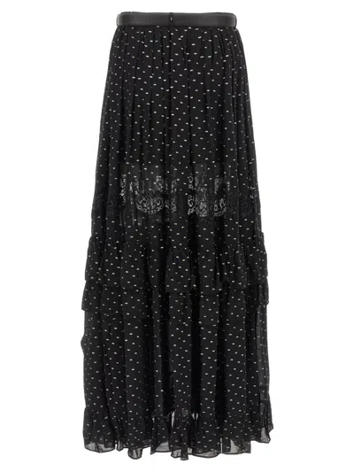 Self-portrait Black And Gold Chiffon Lace Maxi Skirts Black In Black