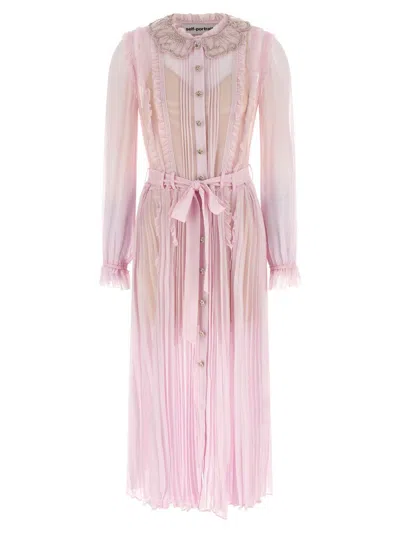 Self-portrait Pink Pleated Georgette Midi Dresses Pink In Pink