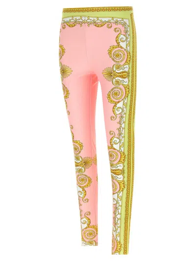 Versace Barocco Stretch Leggings Slim Cut Waistband In Pink
