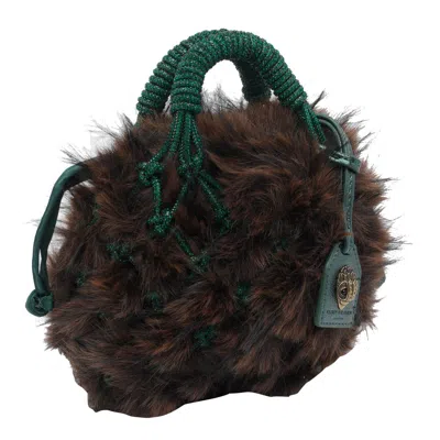 Kurt Geiger Plush Brown Clutch With Green Netted Cord Design And Gold Emblem In Brown