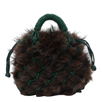 Kurt Geiger Plush Brown Clutch With Green Netted Cord Design And Gold Emblem In Brown