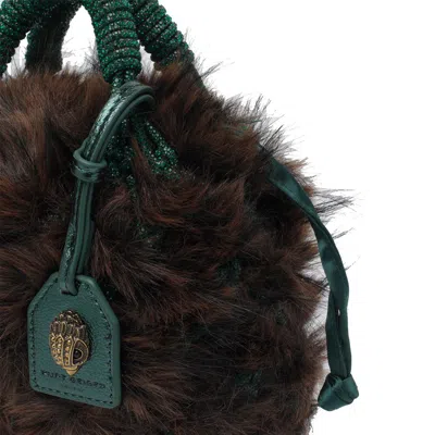 Kurt Geiger Plush Brown Clutch With Green Netted Cord Design And Gold Emblem In Brown