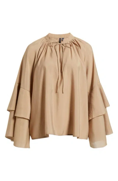 Vero Moda Frill Sleeve Tie Neck Top In Silver