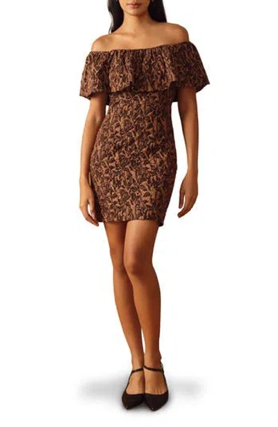 Flying Tomato Off The Shoulder Ruffle Short Sleeve Minidress In Brown
