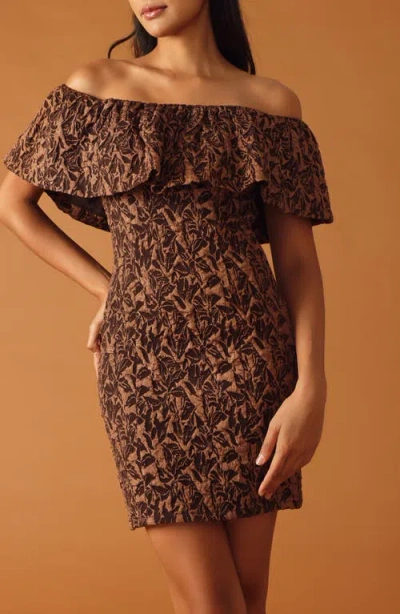 Flying Tomato Off The Shoulder Ruffle Short Sleeve Minidress In Brown