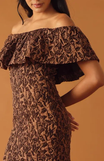 Flying Tomato Off The Shoulder Ruffle Short Sleeve Minidress In Brown