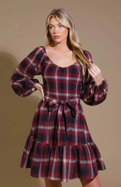 Flying Tomato Plaid Long Sleeve Tie Waist Minidress In Multi