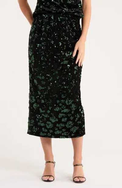 T Tahari Sequin Pull-on Midi Skirt In Green