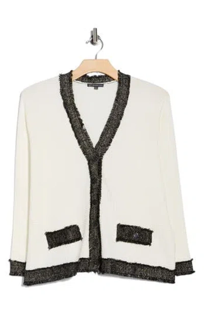 Adrianna Papell Fray Trim Waffle Knit Cardigan In White