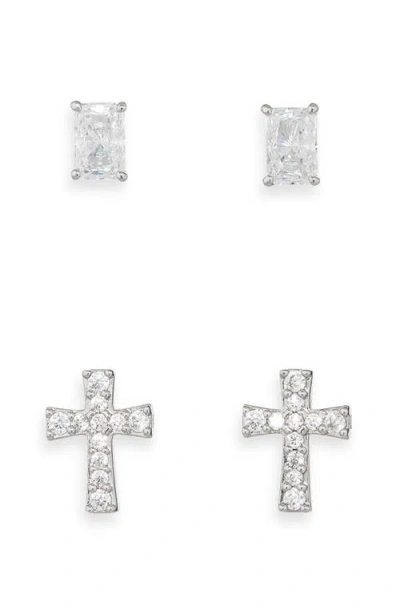 Nadri Cross & Baguette Cut Stud Earrings Set In Silver