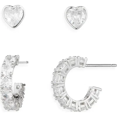 Nadri Serena Heart Stud & Hoop Earrings Set In Silver