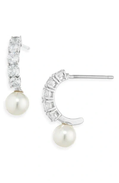 Nadri Shine Faux Pearl J-hoop Earrings In Silver