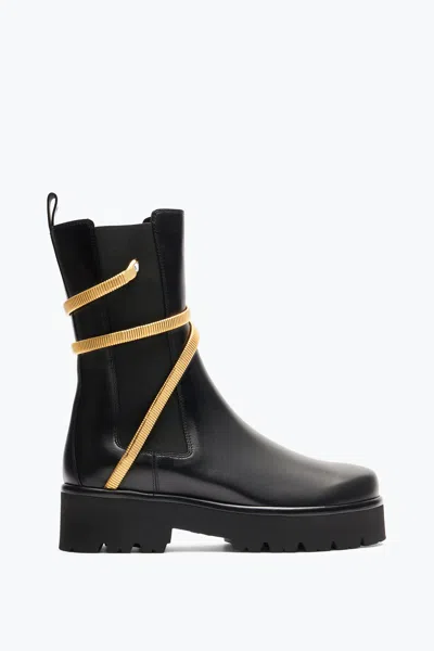 René Caovilla Cleo Chunky Sole Gold Leather Ankle Boots In Black