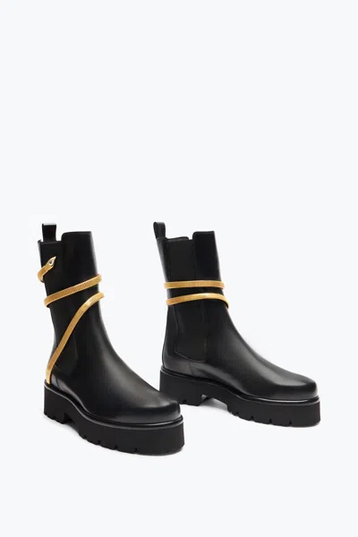 René Caovilla Cleo Chunky Sole Gold Leather Ankle Boots In Black