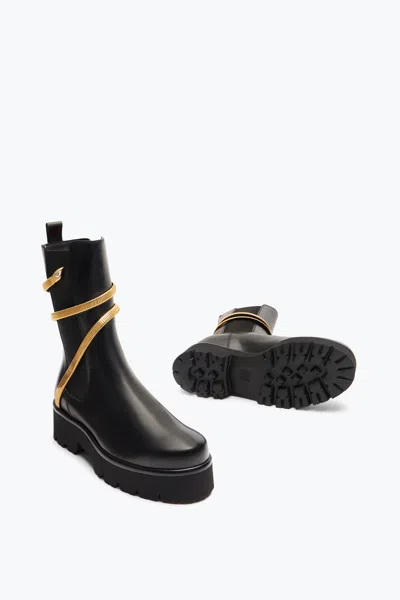 René Caovilla Cleo Chunky Sole Gold Leather Ankle Boots In Black