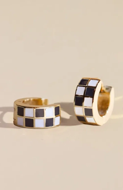 Nickel & Suede Checkered Enamel Huggies