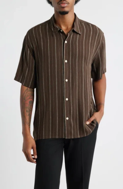 Open Edit Stripe Short Sleeve Button-up Shirt In Brown