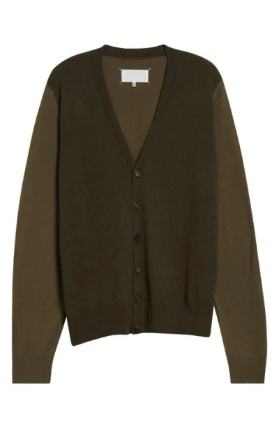 Maison Margiela Colorblock Elbow Patch Wool V-neck Cardigan In Green