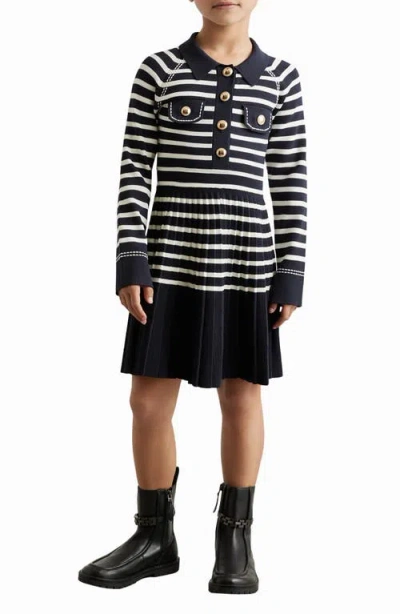 Reiss Kids' Navy/white 9-13 Yrs Button-detail Stripe Knitted Dress In Black