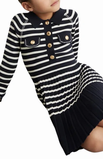 Reiss Kids' Navy/white 9-13 Yrs Button-detail Stripe Knitted Dress In Black