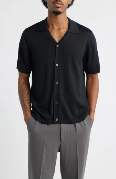 Open Edit Camp Short Sleeve Button Up Sweater In Black