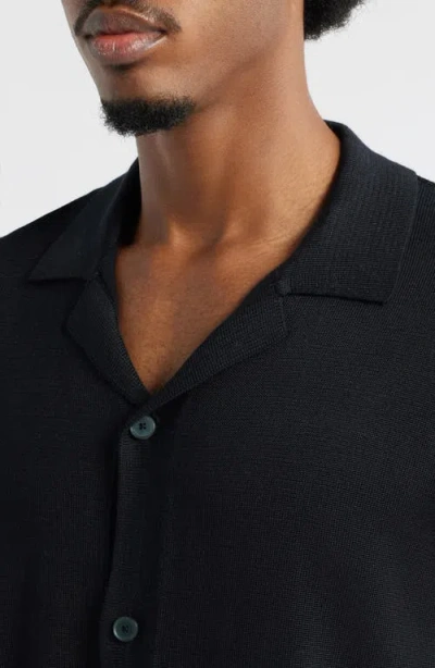 Open Edit Camp Short Sleeve Button Up Sweater In Black