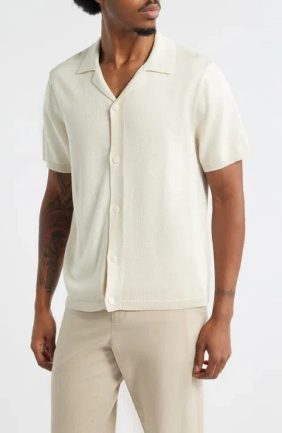 Open Edit Camp Short Sleeve Button Up Sweater In Neutral