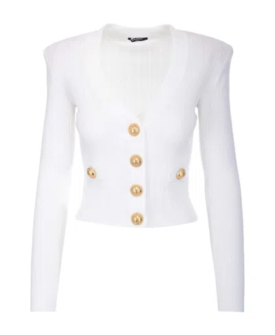 Balmain Button Embellished Ribbed Cardigan In White