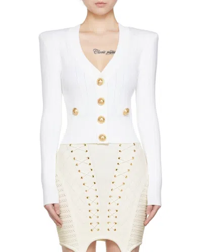 Balmain Button Embellished Ribbed Cardigan In White