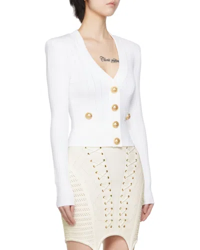 Balmain Button Embellished Ribbed Cardigan In White