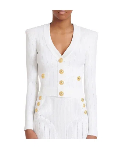 Balmain Button Embellished Ribbed Cardigan In White