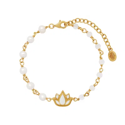 Karma And Luck Women's Gold / White Intentions Aligned Rainbow Moonstone Lotus Gold Bracelet In Gold
