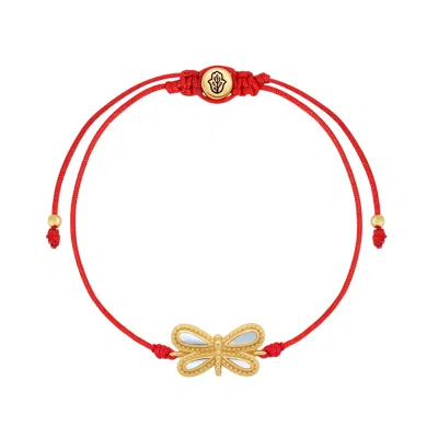 Karma And Luck Women's Red / White Infinite Grace Mother Of Pearl Dragonfly Red String Bracelet In Red