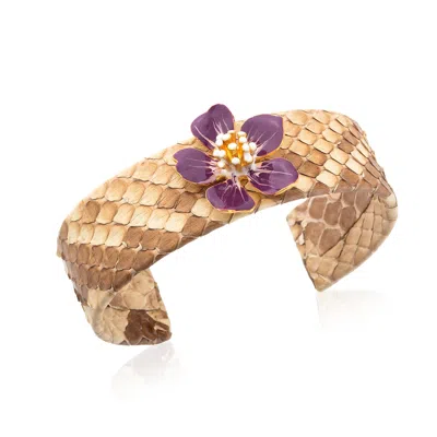 Milou Jewelry Women's Orange Purple Cherry Blossom Flower Adjustable Leather Cuff Bracelet In Orange