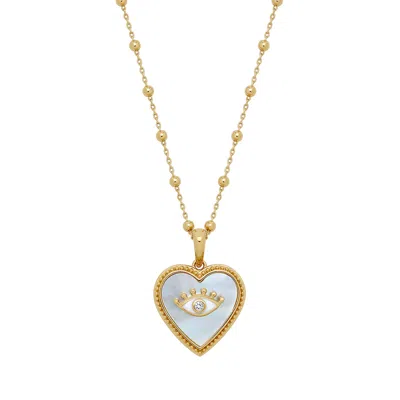 Karma And Luck Women's Nurturing Energy White Mother Of Pearl Heart & Evil Eye Gold Necklace In Gold