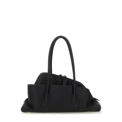 Attico La Passeggiata Small Black Shoulder Bag With Tubular Handles And Impressed Logo On The Front In Leat