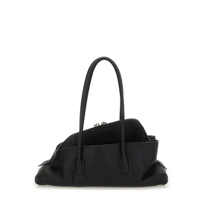 Attico La Passeggiata Small Black Shoulder Bag With Tubular Handles And Impressed Logo On The Front In Leat