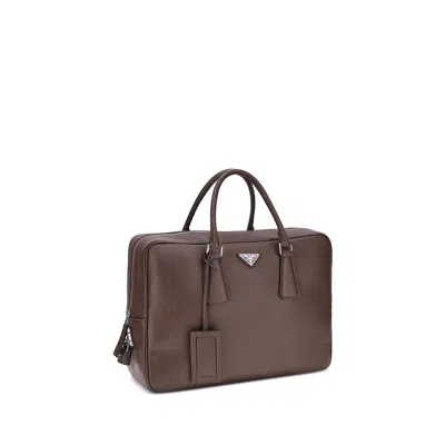 Prada Triangle Logo Leather Briefcase In Brown