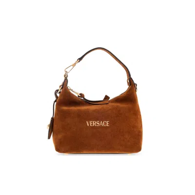 Versace Logo-lettering Suede Tote Bag In Brown
