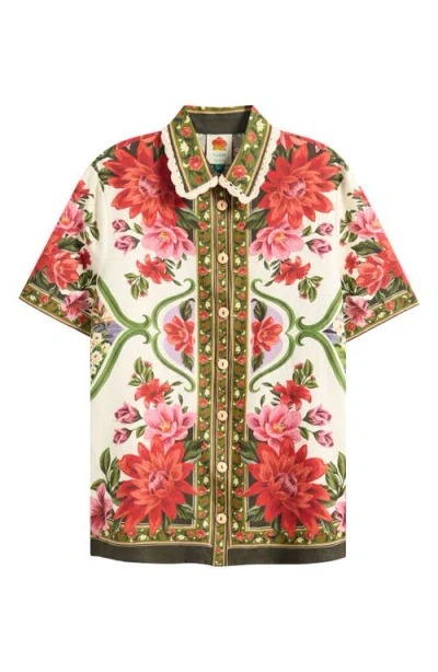 Farm Rio Wonder Multicolor Shirt With Lace Embroidered Classic Collar And All-over Floral Motif In Linen Blen