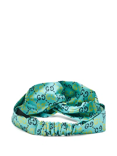 Pre-owned Gucci Gg-motif Knotted Headband In Blue