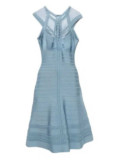 Pre-owned Herve Leger Crochet-trim Bandage Dress In Blue