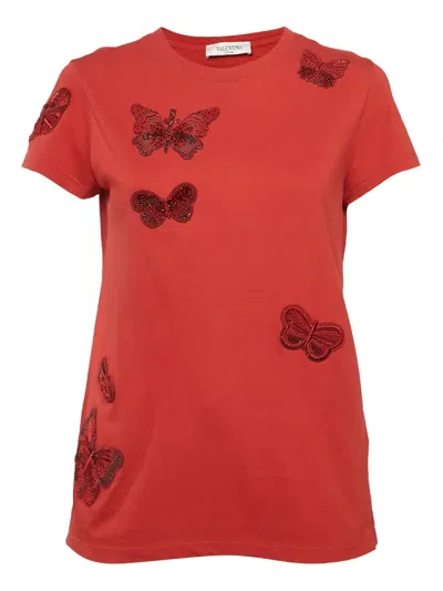 Pre-owned Valentino Butterfly-appliqué T-shirt In Red