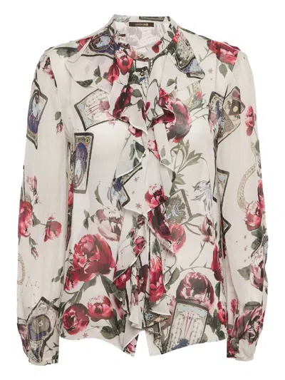 Pre-owned Roberto Cavalli Ruffle Floral-print Blouse In White